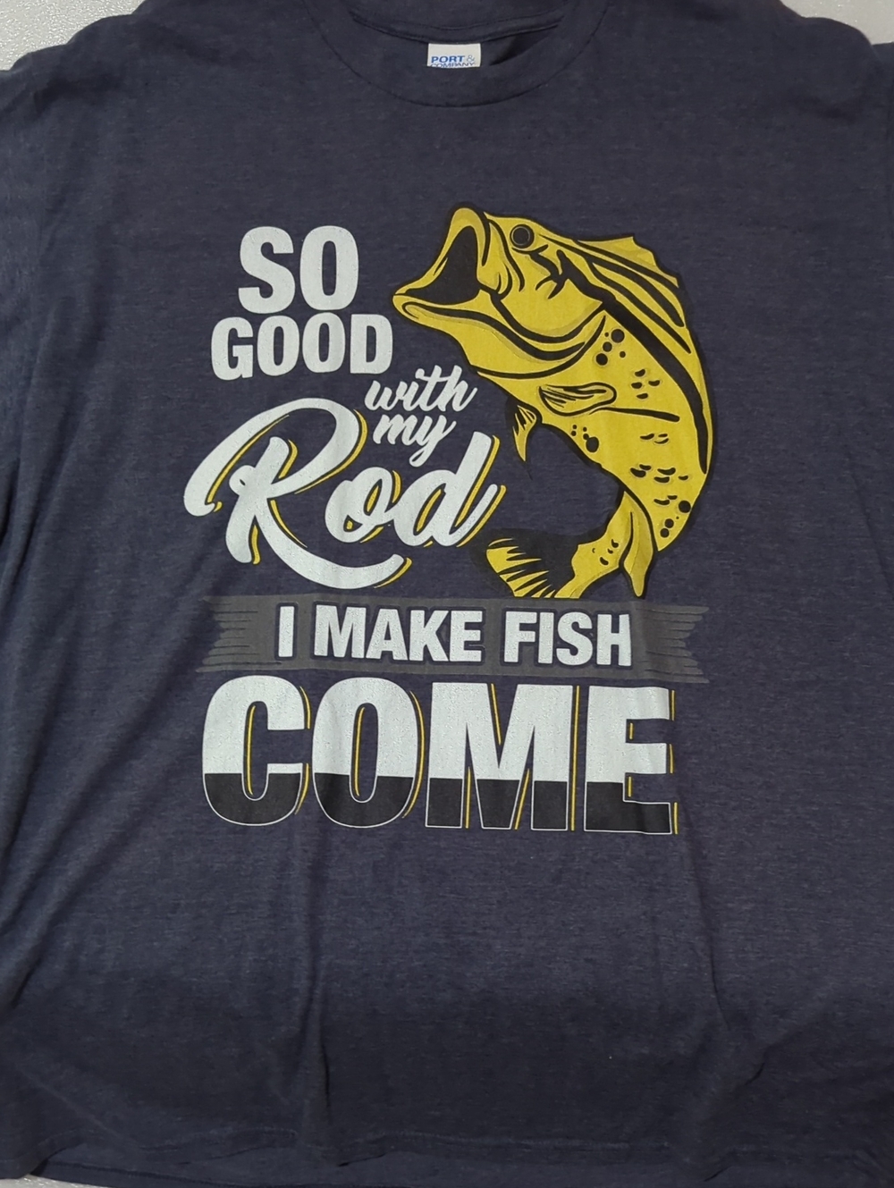 Men's Port and Company Navy Tee with Yellow Fish Graphic